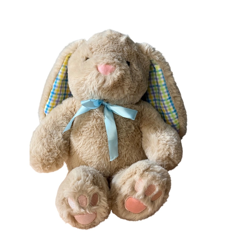 Tan Plush Easter Bunny Rabbit Floppy Plaid‎ Ears Blue Ribbon 14 Inch Stuffed Toy